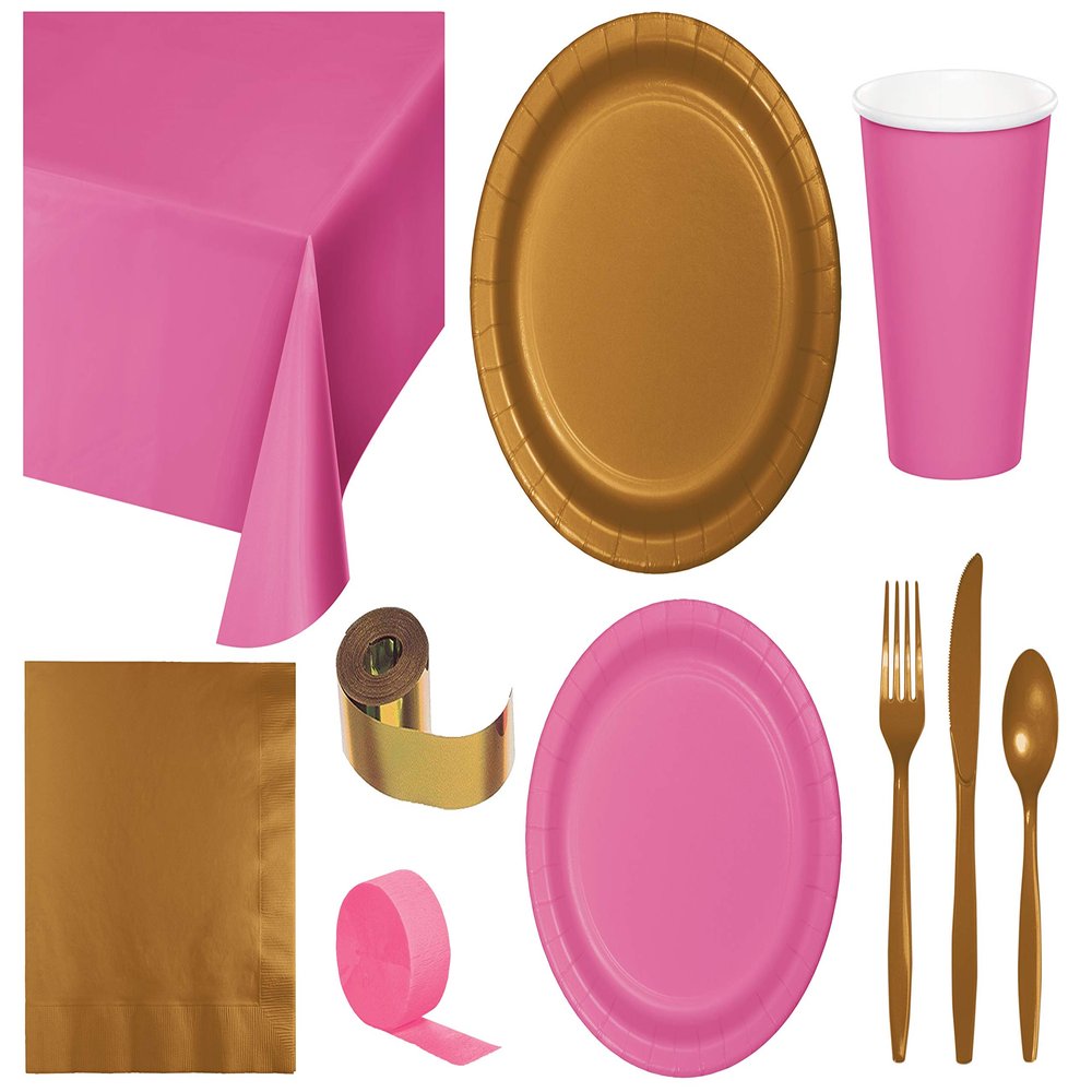 Baxters Party Bundle Bulk, Tableware for 24 People Candy Pink and Gold, 2 Size Plates Napkins, Paper Cups Tablecovers and Cutlery, Box of 199
