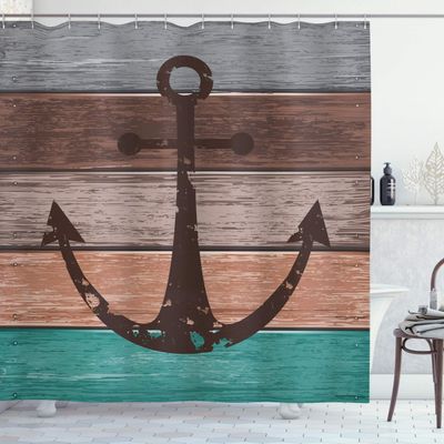 Ambesonne Anchor Shower Curtain, Maritime Themed Nautical Sailor Pattern Grunge Planks, Cloth Fabric for Beach Bathroom Decor and Essential Accessories Set with Hooks, 69" W x 75" L, Multicolor Brown