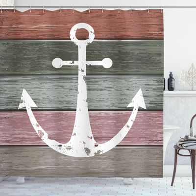 Ambesonne Anchor Shower Curtain for Dorm Essentials, Nautical Style Marine Pattern on Pastel Rustic Colored Grunge Wooden Plank, Cloth Fabric Bathroom Decor Set with Hooks, 69" W x 84" L, Orange Green