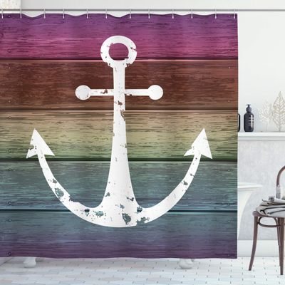 Ambesonne Anchor Shower Curtain, Rustic Themed Marine Ornament on Colorful Grungy Wooden Planks Sailing Style, Cloth Fabric Bathroom Decor Set with Hooks, 69" W x 84" L, White Multicolor