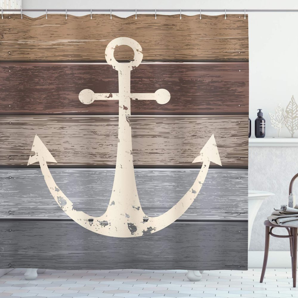Ambesonne Anchor Shower Curtain, Sailor Sea Captain Theme Grunge Marine Ornament on Rustic Wooden Planks Nautical Theme, Cloth Fabric for Bathroom Home Decor Set with Hooks, 69" W x 70" L, Brown Grey