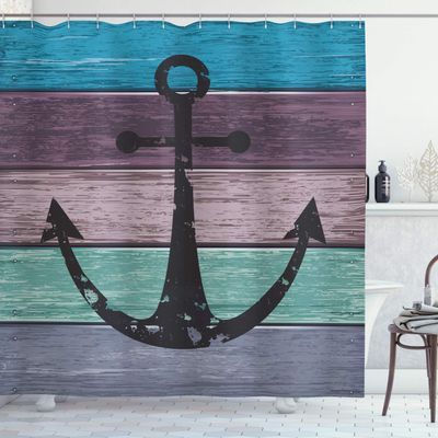 Ambesonne Anchor Shower Curtain, Rustic Design Marine Motif on Colorful Weathered Wooden Planks Grunge Nautical Art, Cloth Fabric Bathroom Decor Set with Hooks, 69" W x 84" L, Multicolor Purple