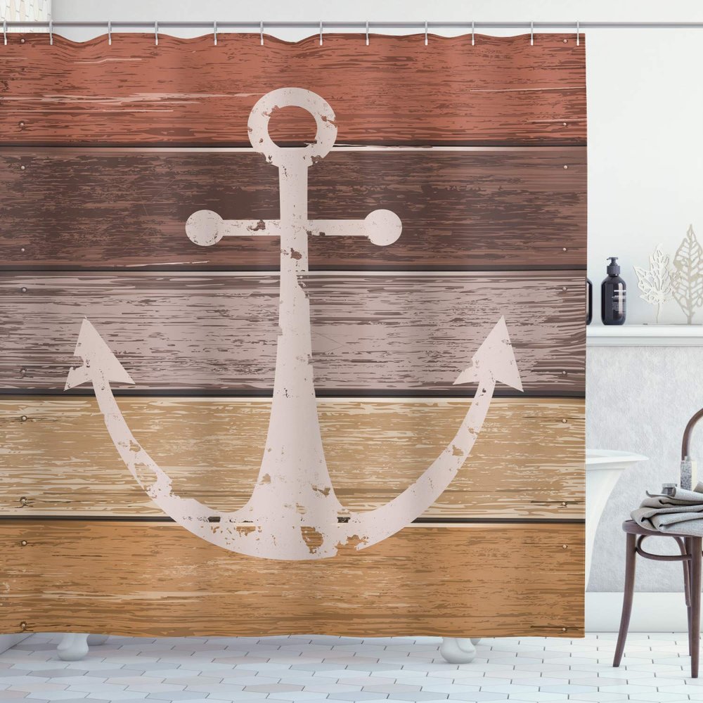 Ambesonne Anchor Shower Curtain, Bathroom Accessories Nautical Themes Grunge Marine on Wooden Planks, Cloth Fabric for Guest Master Restroom House Decor with 12 Hooks, 69" W x 75" L, Mustard Redbrown