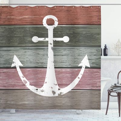 Ambesonne Anchor Shower Curtain, Timeworn Nautical Style Marine Pattern on Pastel Rustic Colored Grunge Wooden Planks, Cloth Fabric Bathroom Decor Set with Hooks, 69" W x 75" L, Orange Green