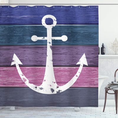 Ambesonne Anchor Shower Curtain, Nautical Marine Themed Ornament on Grunge Colorful Weathered Wooden Planks, Cloth Fabric Bathroom Decor Set with Hooks, 69" W x 84" L, Purple