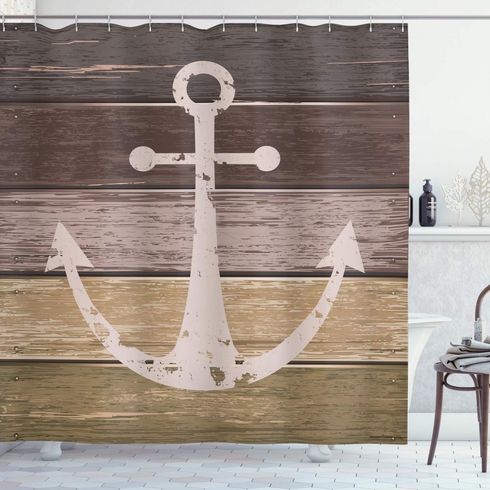 Ambesonne Anchor Shower Curtain, Timeworn Marine on Weathered Wooden Planks Rustic Nautical Theme in Earthy Tones, Cloth Fabric Bathroom Decor Set with Hooks, 69" W x 70" L, Taupe Khaki