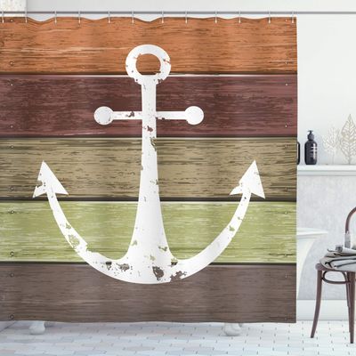 Ambesonne Anchor Shower Curtain, Rustic Style Marine Sailing Themed Ornament on Grunge Weathered Wooden Planks, Cloth Fabric Bathroom Decor Set with Hooks, 69" W x 84" L, Khaki Ginger