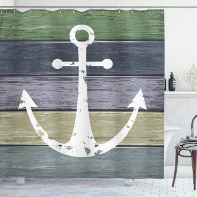 Ambesonne Anchor Shower Curtain, Marine Sailor Nautical Motif and Timeworn Wooden Planks in Cold Nature Tones, Cloth Fabric Bathroom Decor Set with Hooks, 69" W x 84" L, Green Blue