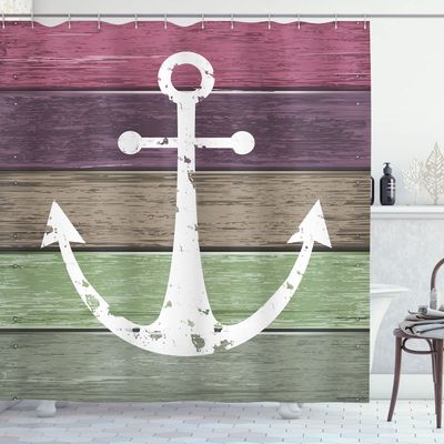 Ambesonne Anchor Shower Curtain, Marine Nautical Symbol on Colorful Rustic Grunge Wooden Planks, Cloth Fabric Bathroom Decor for Home and Dorm Essentials Set with Hooks, 69" W x 75" L, Multicolor Pink