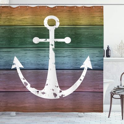 Ambesonne Anchor Shower Curtain, Timeworn Marine Ornament on Grunge Rustic Themed Rainbow Colors Ombre Style, Cloth Fabric Bathroom Decor Set with Hooks, 69" W x 84" L, Multicolor Green