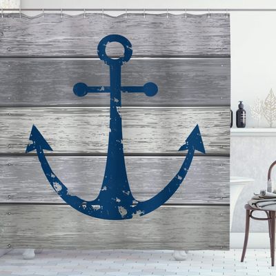 Ambesonne Anchor Shower Curtain, Timeworn Rustic Nautical Maritime Colored Symbol on Grunge Wooden Planks, Cloth Fabric Bathroom Decor Set with Hooks, 69" W x 84" L, Night Blue
