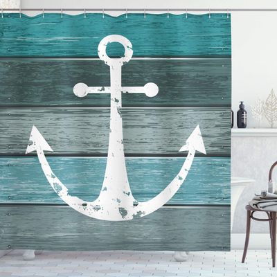 Ambesonne Anchor Shower Curtain, Rustic Beach Bathroom Decor Nautical Artwork on Wooden Planks Marine Theme, Cloth Fabric for Decoration Set with Hooks Home and House Accent, 69" W x 84" L, Teal Blue