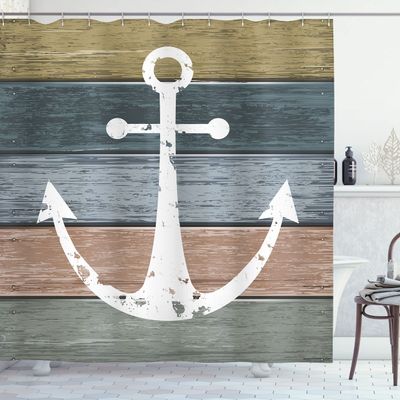 Ambesonne Anchor Shower Curtain, Timeworn Marine Pattern and Grunge Weathered Wooden Planks Rustic Style Nautical, Cloth Fabric Bathroom Decor Set with Hooks, 69" W x 84" L, Khaki Teal