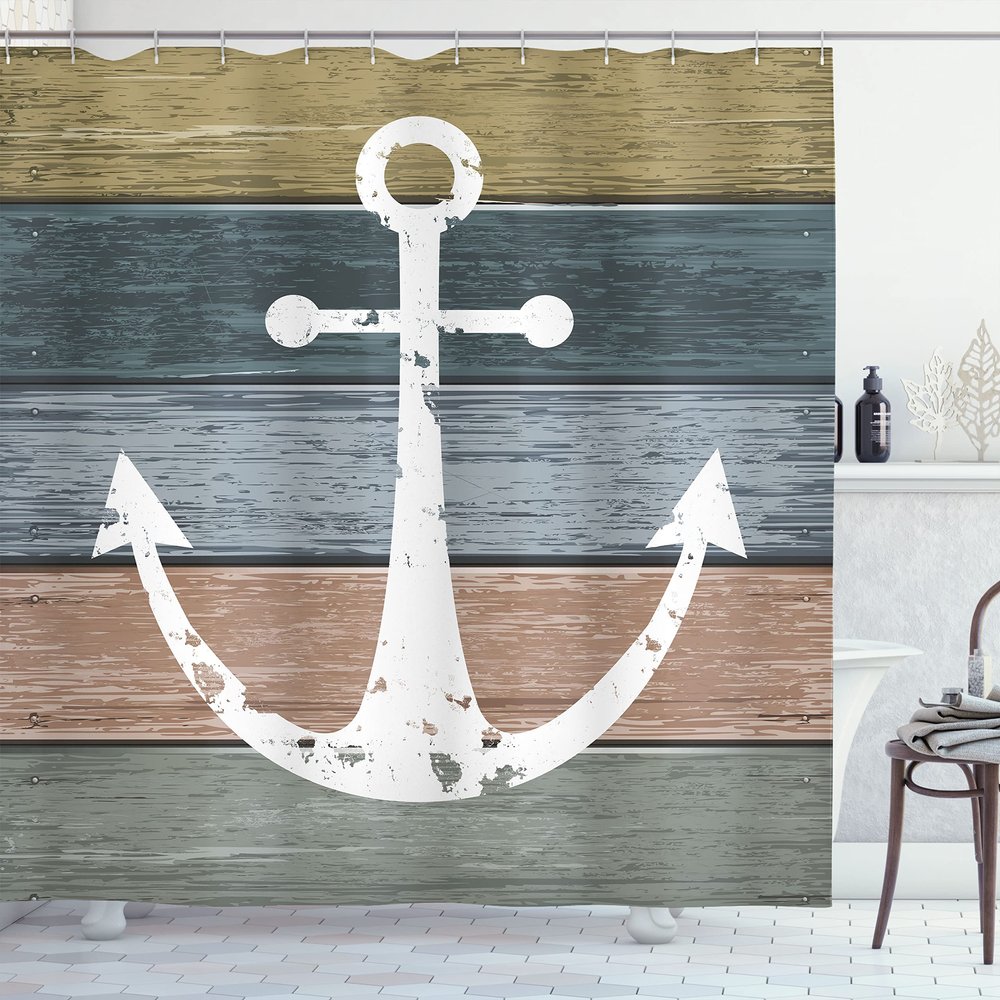 Ambesonne Anchor Shower Curtain, Timeworn Marine Pattern and Grunge Weathered Wooden Planks Rustic Style Nautical, Cloth Fabric Bathroom Decor Set with Hooks, 69" W x 84" L, Khaki Teal