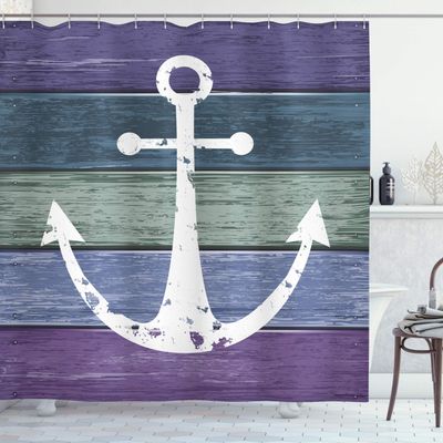 Ambesonne Anchor Shower Curtain, Timeworn Nautical on Colorful Weathered Wooden Planks Rustic Marine Theme, Cloth Fabric Bathroom Decor Set with Hooks, 69" W x 84" L, Violet Green