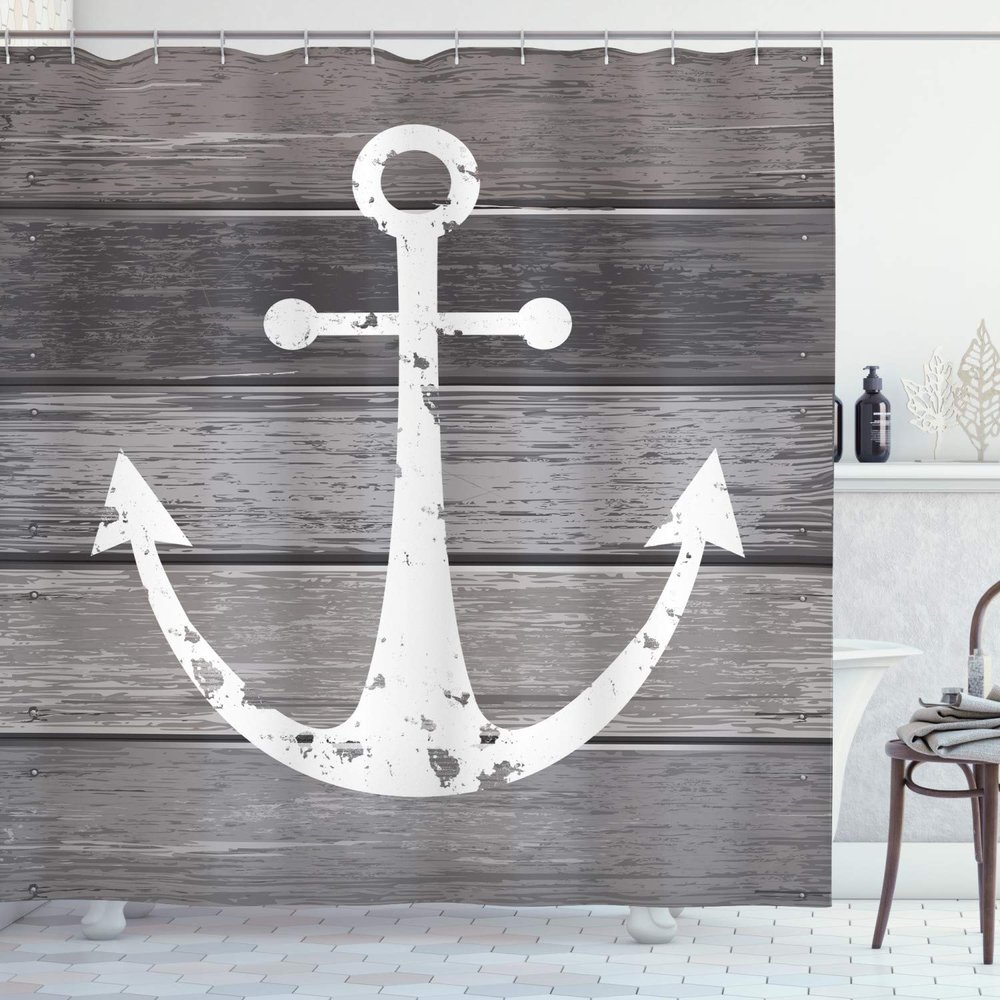 Ambesonne Anchor Shower Curtain, Grunge Style Pattern of Marine Ornament on Rustic Maritime Wooden Planks, Cloth Fabric for Home Bathroom Decor Essentials Set with 12 Hooks, 69" W x 75" L, Taupe Dust