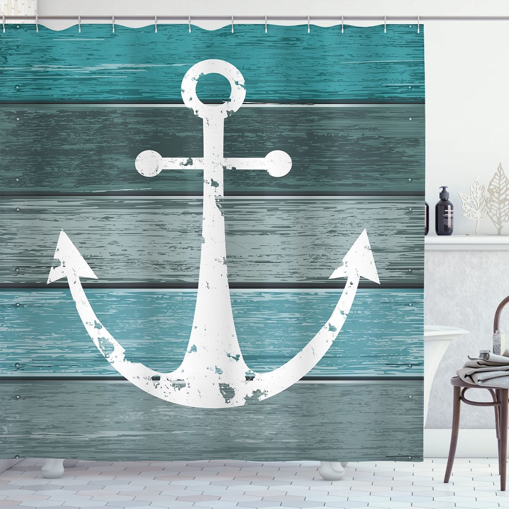 Ambesonne Anchor Shower Curtain, Rustic Nautical Artwork on Wooden Planks Marine Theme, Cloth for Home Decor Fabric Guest Bathroom and Powder Room Decorations Set with Hooks, 69" W x 75" L, Teal Blue