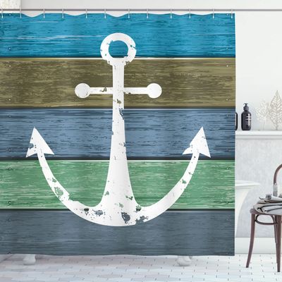 Ambesonne Anchor Shower Curtain, Grunge Rustic Design Maritime Pattern on Drawing Planks Art, Cloth Fabric for Bathroom Nautical Home and House Restroom Large Set with Hooks, 69" W x 84" L, Blue Khaki
