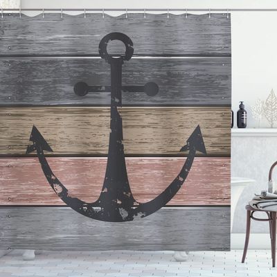 Ambesonne Anchor Shower Curtain, Grunge Look Marine Sailor Pattern and Timeworn Weathered Wooden Planks, Cloth Fabric Bathroom Decor Set with Hooks, 69" W x 84" L, Grey Salmon