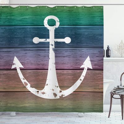 Ambesonne Anchor Shower Curtain, Nautical Style Rustic Marine on Weathered Wooden Planks in Modern Color Changes, Cloth Fabric Bathroom Decor Set with Hooks, 69" W x 75" L, Multicolor Teal