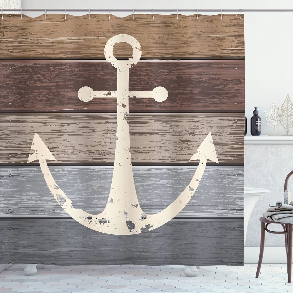 Ambesonne Anchor Shower Curtain, Grunge Marine Ornament on Weathered Rustic Wooden Planks Nautical Theme Print, Cloth Fabric Bathroom Decor Set with Hooks, 69" W x 84" L, Brown Grey