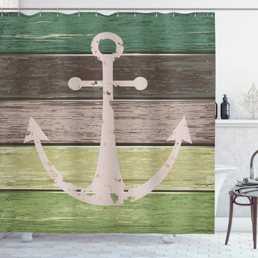 Ambesonne Anchor Shower Curtain, Grungy Style Sailing Themed Timeworn Marine Motif on Rustic Wooden Planks Nautical, Cloth Fabric Bathroom Decor Set with Hooks, 69" W x 84" L, Green Taupe