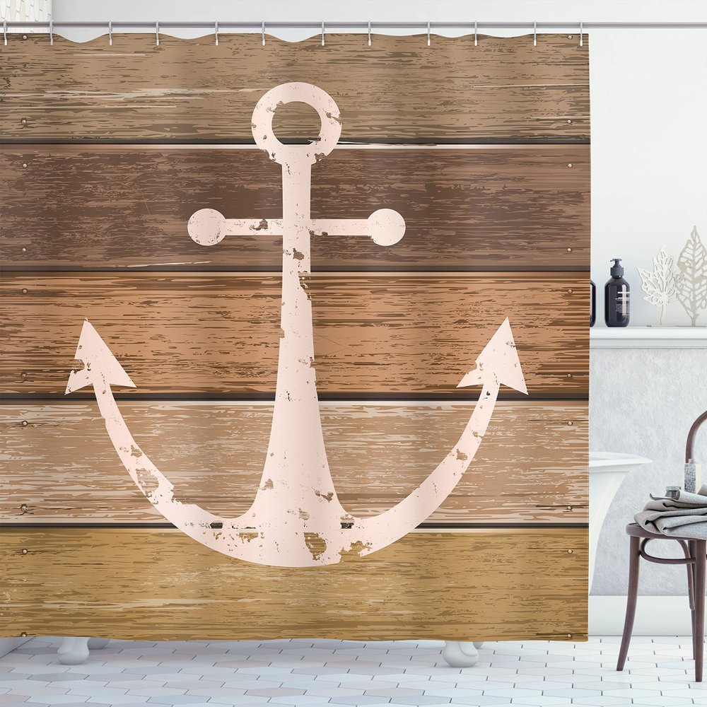 Ambesonne Anchor Shower Curtain, Nautical Ornament Grunge Marine Rustic Planks on Warm Earthy Tones, Cloth Fabric Bathroom Decor Set with Hooks, 69" W x 84" L, Brown Yellow