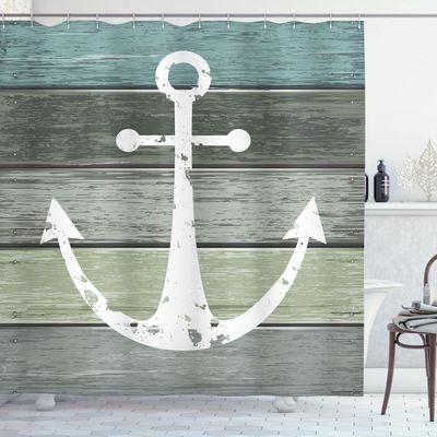 Ambesonne Anchor Shower Curtain, Timeworn Marine Theme Rustic Nautical Pattern on Weathered Wooden Planks, Cloth Fabric Bathroom Decor Set with Hooks, 69" W x 84" L, Green Grey