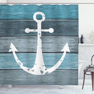 Ambesonne Anchor Shower Curtain, Rustic Nautical Themed Marine Motif and Old Wooden Planks in Sea Ocean Tones, Cloth Fabric Bathroom Decor Set with Hooks, 69" W x 84" L, Blue White