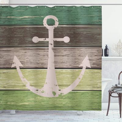 Ambesonne Anchor Shower Curtain, Grungy Style Sailing Themed Timeworn Marine Motif on Rustic Wooden Planks Nautical, Cloth Fabric Bathroom Decor Set with Hooks, 69" W x 75" L, Green Taupe