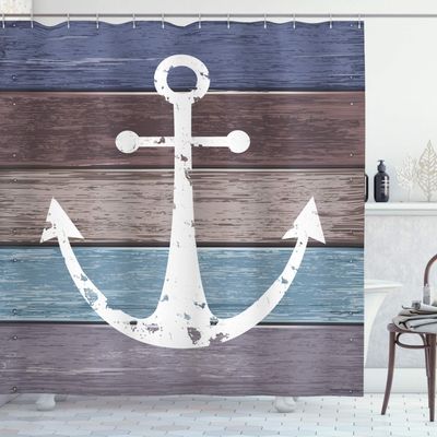 Ambesonne Anchor Shower Curtain, Timeworn Nautical Themed Marine Pattern and Wooden Planks in Rustic Design, Cloth Fabric Bathroom Decor Set with Hooks, 69" W x 75" L, Mauve Taupe