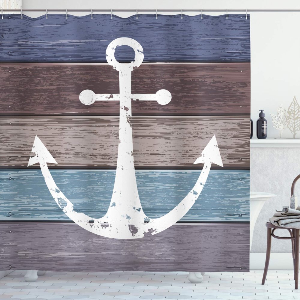 Ambesonne Anchor Shower Curtain, Timeworn Nautical Themed Marine Pattern and Wooden Planks in Rustic Design, Cloth Fabric Bathroom Decor Set with Hooks, 69" W x 75" L, Mauve Taupe
