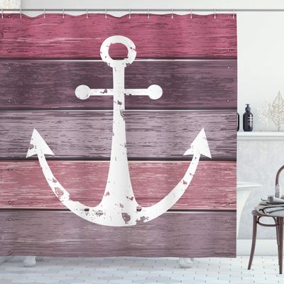 Ambesonne Anchor Shower Curtain, Timeworn Marine Theme on Weathered Wooden Planks in Rustic Pinkish Tones, Cloth Fabric Bathroom Decor Set with Hooks, 69" W x 75" L, Rose