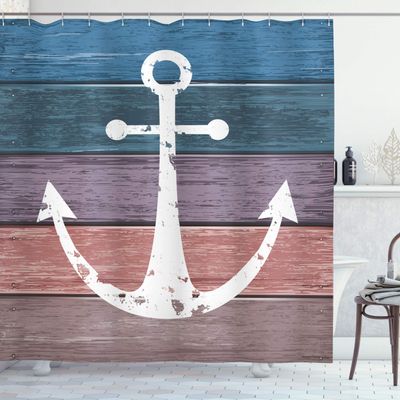 Ambesonne Anchor Shower Curtain, Nautical Pattern of Rustic Marine Symbol on Weathered Grungy Wooden Planks Print, Cloth Fabric Bathroom Decor Set with Hooks, 69" W x 75" L, Pink Blue