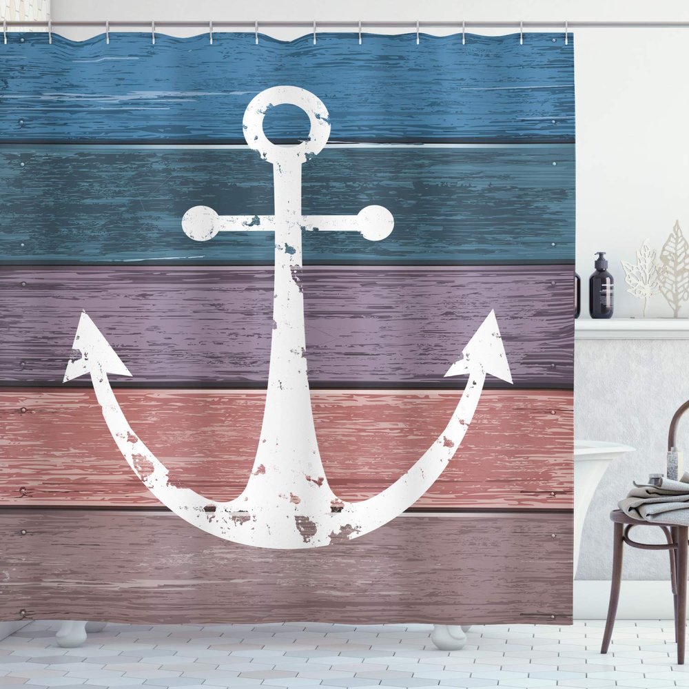Ambesonne Anchor Shower Curtain, Nautical Pattern of Rustic Marine Symbol on Weathered Grungy Wooden Planks Print, Cloth Fabric Bathroom Decor Set with Hooks, 69" W x 75" L, Pink Blue