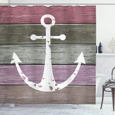 Ambesonne Anchor Shower Curtain, Grunge Style Nautical Artwork of Marine Pattern and Weathered Planks, Cloth Fabric Bathroom Decor Set with Hooks, 69" W x 84" L, Green Rose