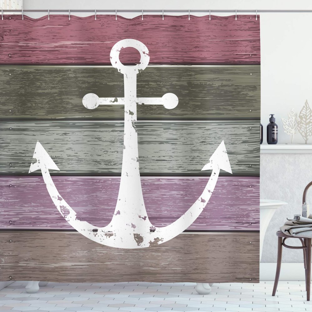 Ambesonne Anchor Shower Curtain, Grunge Style Nautical Artwork of Marine Pattern and Weathered Planks, Cloth Fabric Bathroom Decor Set with Hooks, 69" W x 84" L, Green Rose
