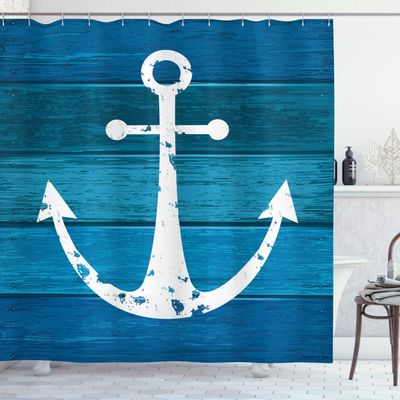Ambesonne Anchor Shower Curtain, Timeworn Grunge Marine Symbol on Nautical Ocean Colors Weathered Wooden Planks, Cloth Fabric Bathroom Decor Set with Hooks, 69" W x 84" L, Blue Teal