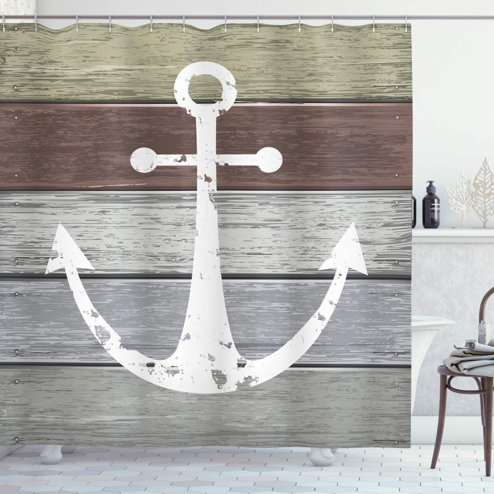 Ambesonne Anchor Shower Curtain, Grunge Style Nautical Ornament Timeworn Matine Pattern on Rustic Wooden Planks, Cloth Fabric Bathroom Decor Set with Hooks, 69" W x 75" L, Green Umber