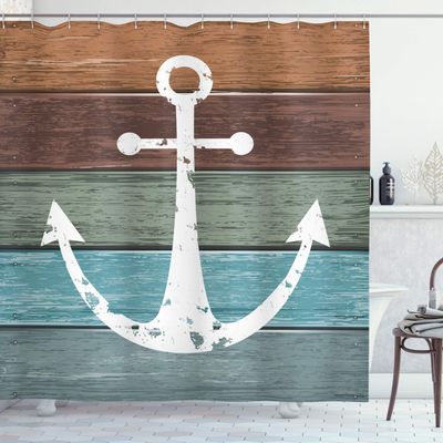 Ambesonne Anchor Shower Curtain, Rustic Sea Nautical Illustration Marine Pattern on Grungy Ocean Wooden Planks, Cloth Fabric for Bathroom Themed Decor Sets with Hooks, 69" W x 84" L, Multicolor White