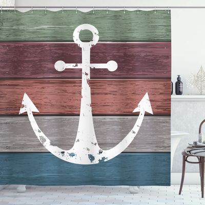 Ambesonne Anchor Shower Curtain, Rustic Nautical Theme Illustration of Marine Motif and Grungy Wooden Planks Print, Cloth Fabric Bathroom Decor Set with Hooks, 69" W x 84" L, Multicolor