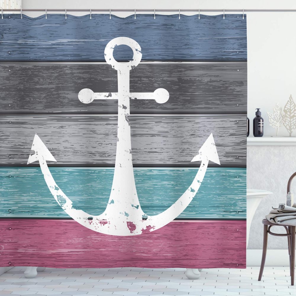 Ambesonne Anchor Shower Curtain, Weathered Themed Marine Nautical Ornament on Old Look Rustic Grunge Planks, Cloth Fabric Bathroom Decor Set with Hooks, 69" W x 75" L, Grey Seafoam