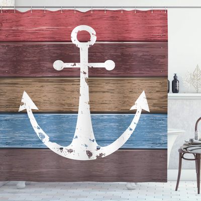 Ambesonne Anchor Shower Curtain, Timeworn Nautical Marine Themed Ornament on Weathered Colorful Wooden Planks Print, Cloth Fabric Bathroom Decor Set with Hooks, 69" W x 84" L, Pink Brown