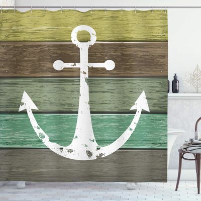 Ambesonne Anchor Shower Curtain, Rustic Theme Nautical Illustration of Marine Pattern on Weathered Wooden Planks, Cloth Fabric Bathroom Decor Set with Hooks, 69" W x 75" L, Green Cocoa