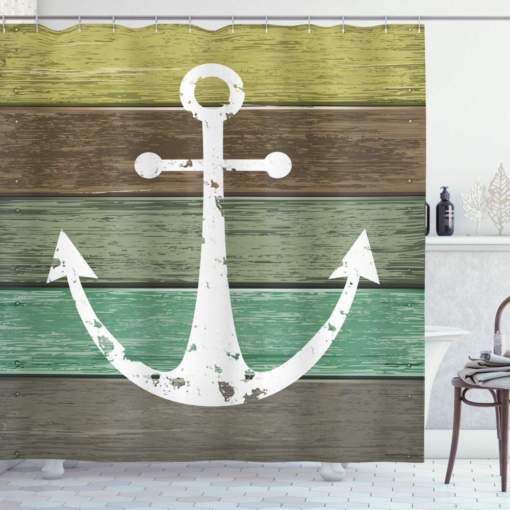 Ambesonne Anchor Shower Curtain, Rustic Theme Nautical Illustration of Marine Pattern on Weathered Wooden Planks, Cloth Fabric Bathroom Decor Set with Hooks, 69" W x 75" L, Green Cocoa