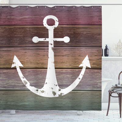 Ambesonne Anchor Shower Curtain, Grunge Abstract Marine Themed Ornament on Colorful Rustic Wooden Planks, Cloth Fabric Bathroom Decor Set with Hooks, 69" W x 75" L, Brown Pink