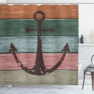 Ambesonne Anchor Shower Curtain, Timeworn Rustic Marine on Weathered Wooden Planks Nautical Design, Cloth Fabric Bathroom Decor Set with Hooks, 69" W x 84" L, Brown Multicolor