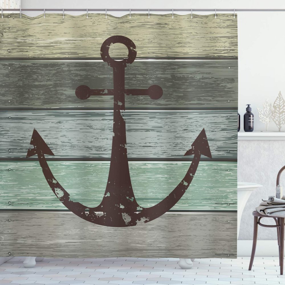 Ambesonne Anchor Shower Curtain, Dark Brown Marine Symbol on Grunge Weathered Wooden Planks Rustic Nautical Art, Cloth Fabric Bathroom Decor Set with Hooks, 69" W x 75" L, Khaki Green