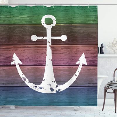 Ambesonne Anchor Shower Curtain, Colorful Nautical Themed Graphic of Marine Ornament and Timeworn Wooden Planks, Cloth Fabric Bathroom Decor Set with Hooks, 69" W x 84" L, Pink Green