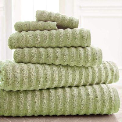 6 Piece Modern Wavy Luxury Bath Towels 100-Percent Egyptian Cotton Bath Towels Textured Rib Pattern Green Solid Color - Bath Towel Hand Towel Wash Cloth - All Season Soft Absorbent Quick Dry Towel Set